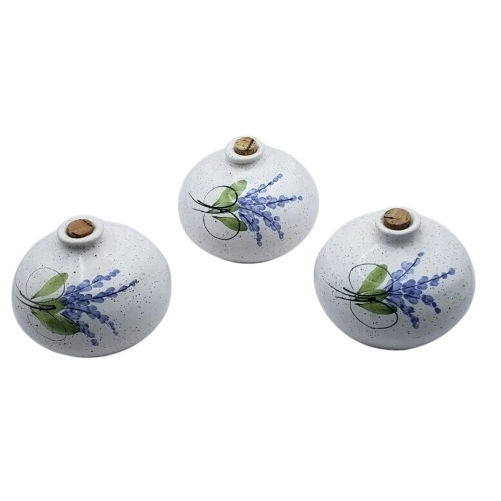 Set of 3 Ceramic Bottles Lavender Design Cork Stopper Vases Home Decor